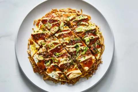 Okonomiyaki pizza style from Osaka, Japan