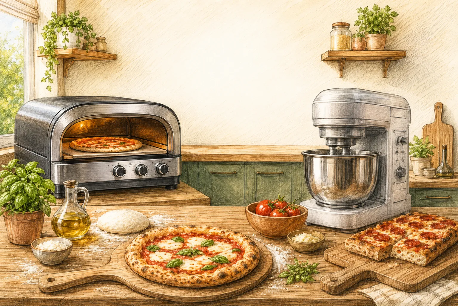Hands shaping pizza dough on a floured work surface