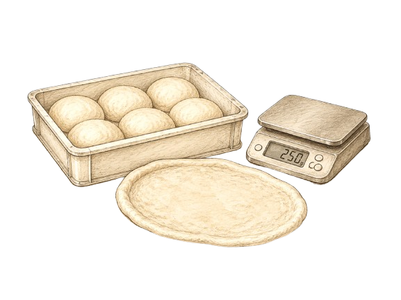Pizza dough stretching and stone baking illustration for technique guides