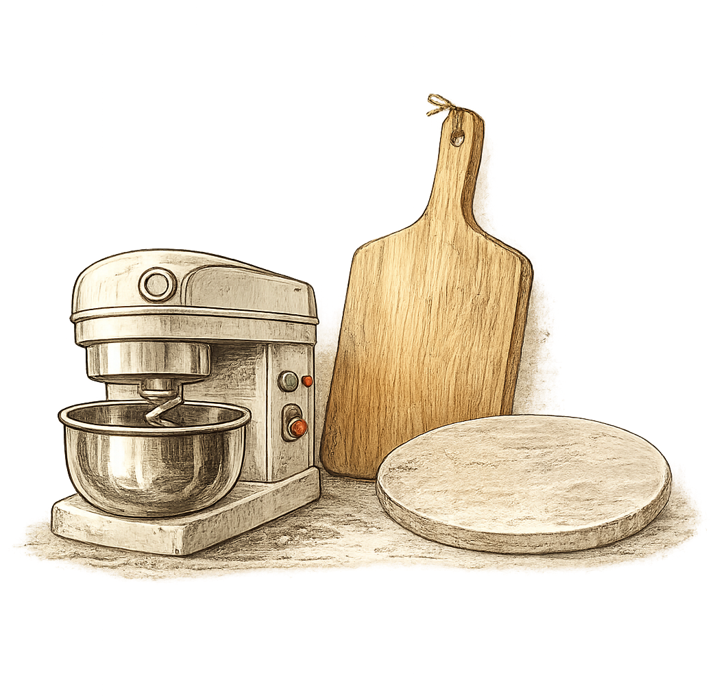 Pizza oven, mixer, and gear illustration for home pizza equipment guides