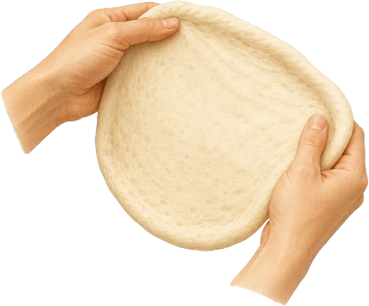 Pizza dough being handled